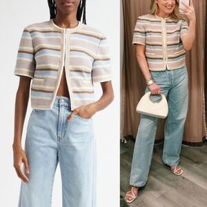 Veronica Beard Wyatt Stripe Jacket Stone Khaki Multi Short Sleeve 8 NWT